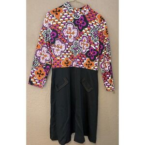 Mid Century Modern Vintage Pink Orange Mod Print Midi Dress Denim Look Bottom M